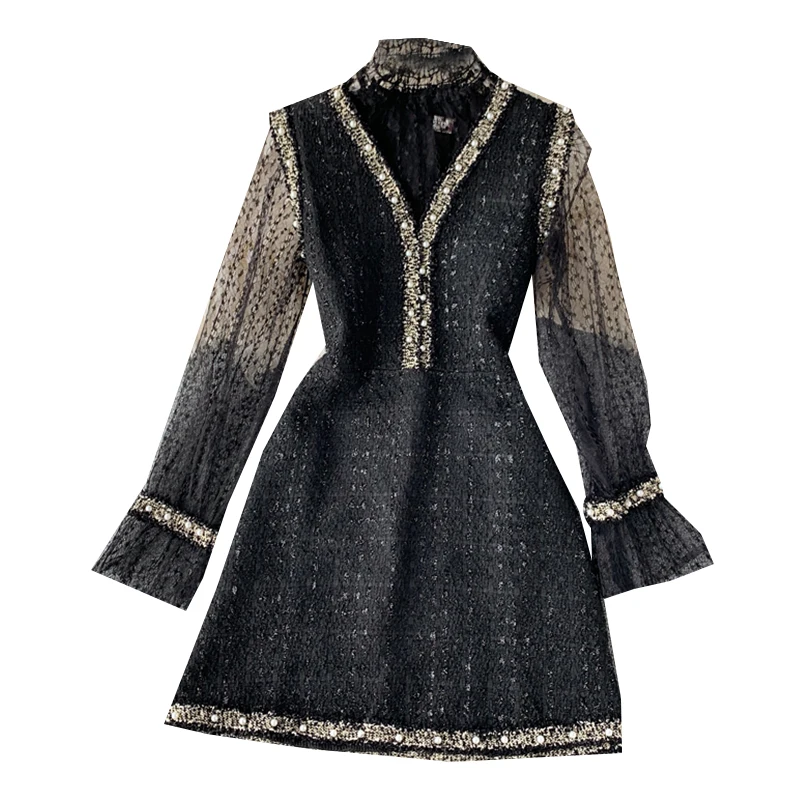 

Summer Women Dress Splice Lace Pearls Office Ladies Dresses Turtleneck Butterfly Sleeve Tweed Hollow Out Mini Elegant Dresses