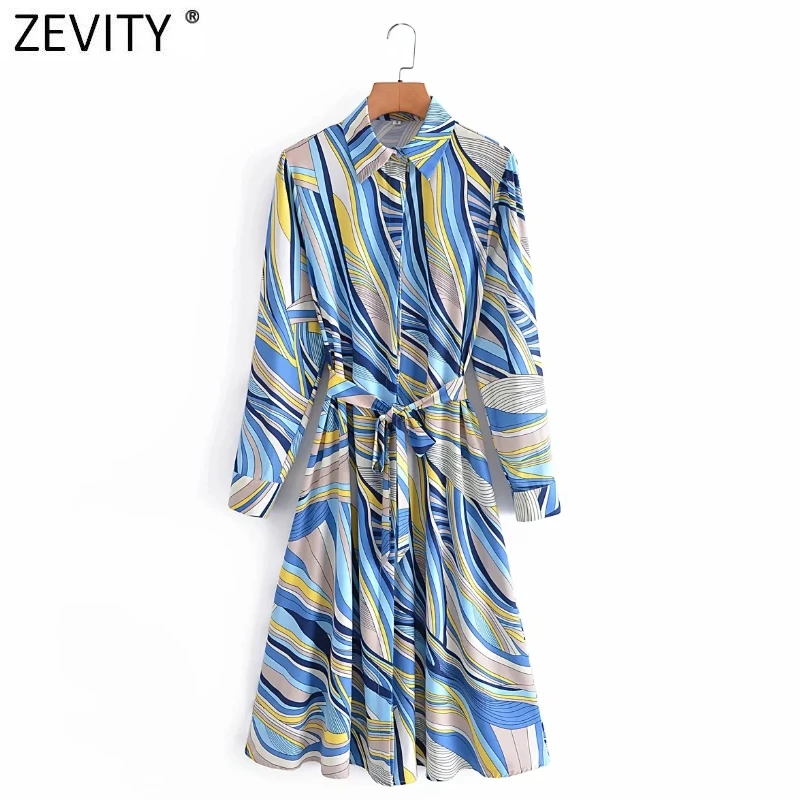

Zevity New Women Vintage Color Matching Line Print Casual Shirt Dress Ladies Turn Down Collar Long Sleeve Sashes Vestidos DS8782