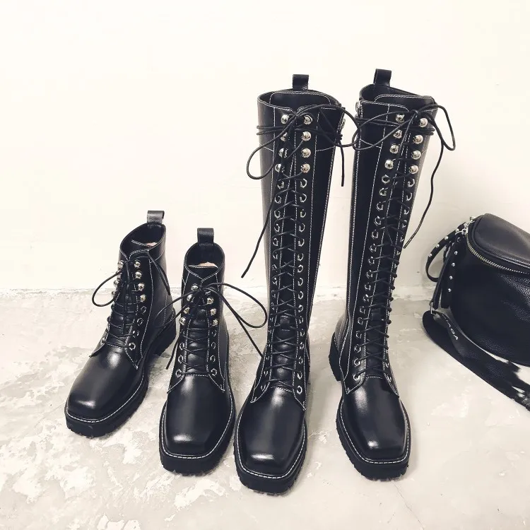 PXELENA NEW Women Motorcycle Boots Square Toe Genuine Leather Chunky Heel Punk Goth Riding Knight Lady Shoes Autumn Winter | Обувь