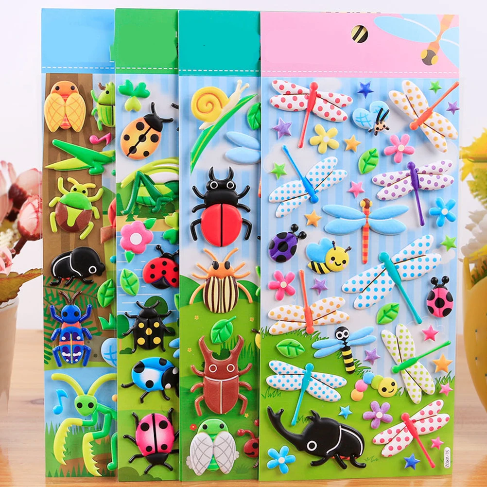 4 листа Мультяшные 3D наклейки в виде насекомых животных для детей игрушки