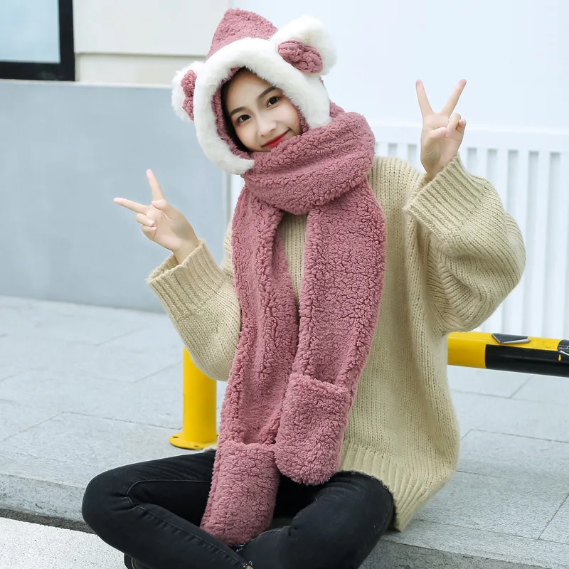 Skin pink Модная шапка для животного с капюшоном из искусственного меха, с бантом, с ушками, с карманами для рук, для женщин, 3 в 1, теплая плюшевая шапка с шарфом, перчатки для мамы и ребенка - Цвет: Skin pink