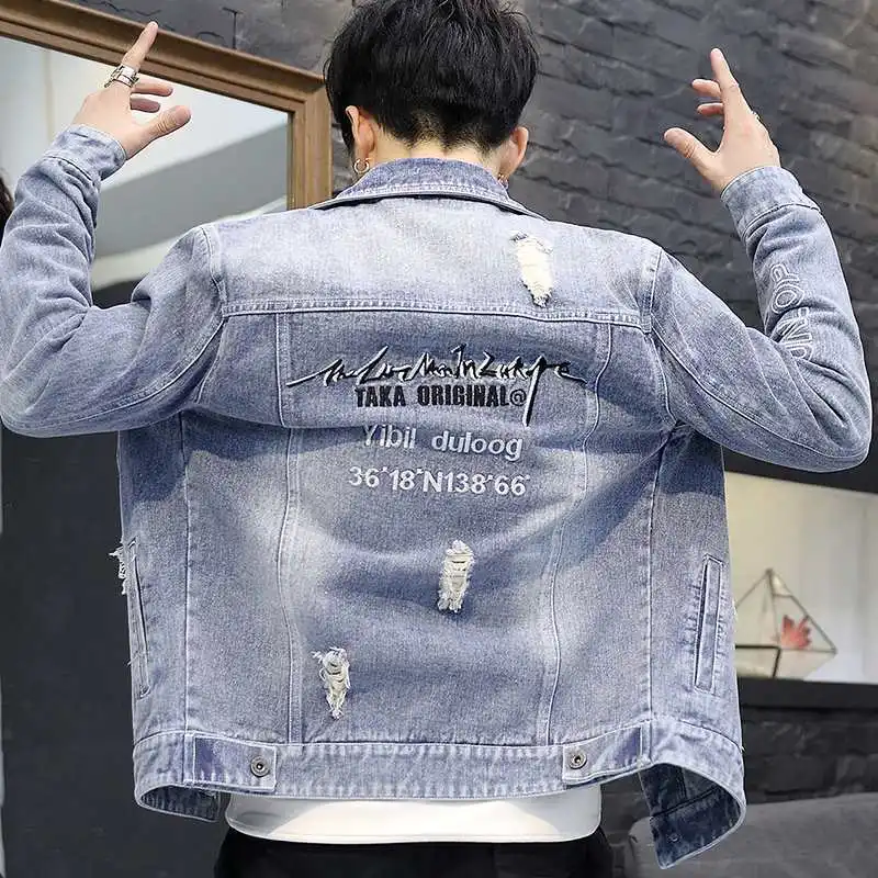 

Spring Autumn 2021 Fashion Men's Clothing Streetwear Denim Jacket Korean Slim Handsome Brand Casual Embroidered Jackets Top