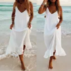 Платье женское пляжное однотонное на бретелях-спагетти, Повседневный Сарафан свободного покроя, размера плюс платье средней длины, белое, лето 2021
