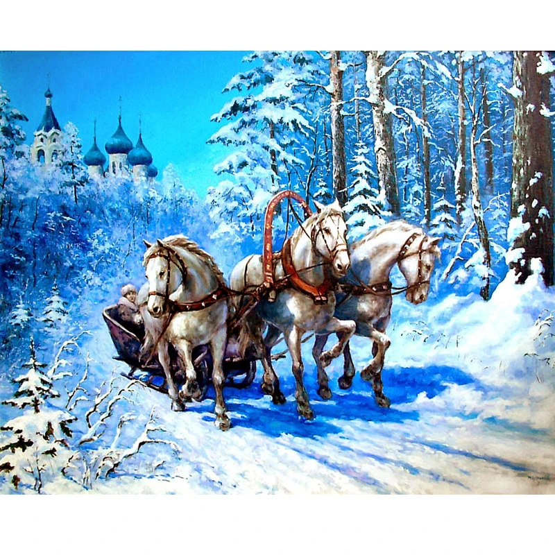 Алмазная 5D Вышивка Три лошади в снежном ландшафте | Дом и сад