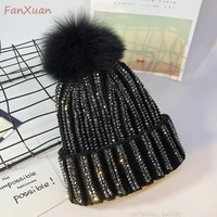 luxury women s hat in winter real fur pompom winter hats solid beanie with shiny crystal deco bonnets for women