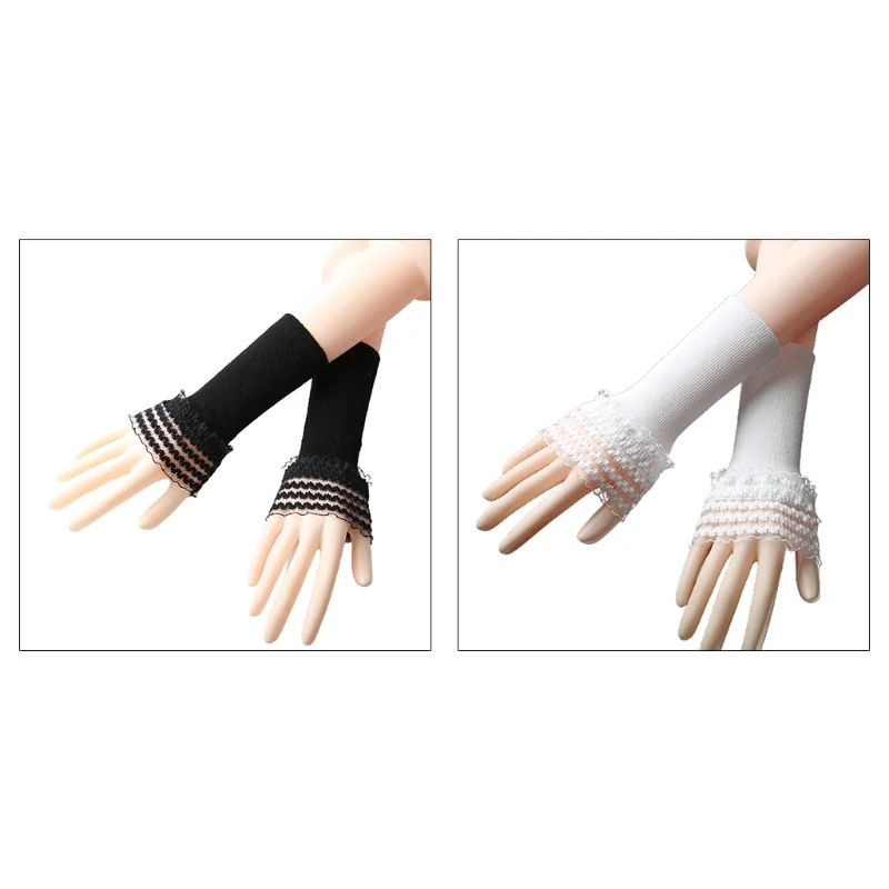 

Women Autumn Ribbed Knitted Arm Warmers Ruffles Lace Patchwork Horn Cuffs Fake Sleeves Stretchy Sunscreen Fingerless Gloves