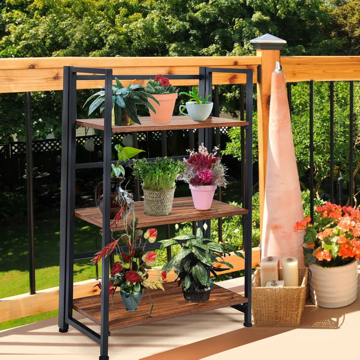 

Costway 3-Tier Folding Bookshelf Foldable Metal Storage Shelf Portable Display Rack GreyWood