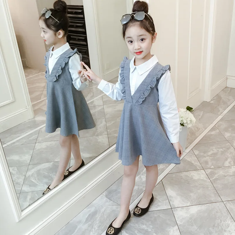 Kids Dress For Girls Plaid Patchwork Fake 2 Pcs Clothes Spring Autumn Long Sleeve Party | Детская одежда и обувь