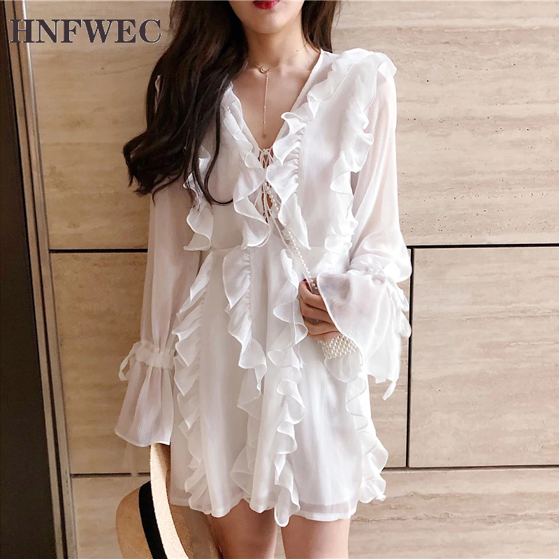 Женское шифоновое платье Лолита Элегантное летнее с длинным рукавом шнуровкой V