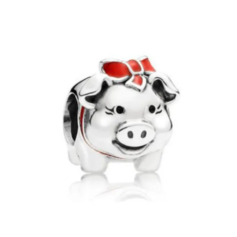 

100% 925 Sterling Silver Bead Enamel Chinese Zodiac Pig Red Bow Beads Fit Pandora Women Bracelet & Necklace Diy Jewelry