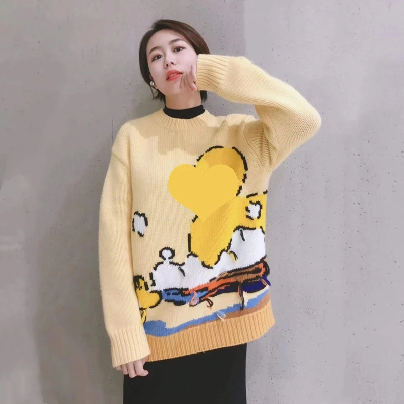 

Yellow Oversized 2021 New Winter Ducks Print Loose Tassel Big Size Pullover Women Sweater Christmas