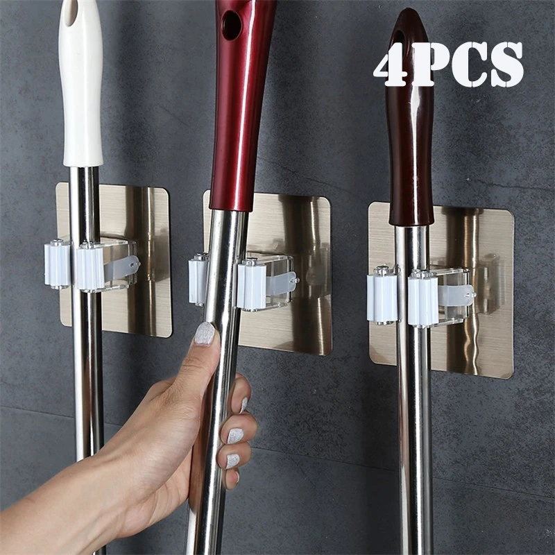 Ganchos Adhesivos Multiusos para Montar en la Pared, Soporte Organizador Fuerte de Cocina y Ba&ntilde;o para Fregona o Escoba, 2 o 4 Unidades-0