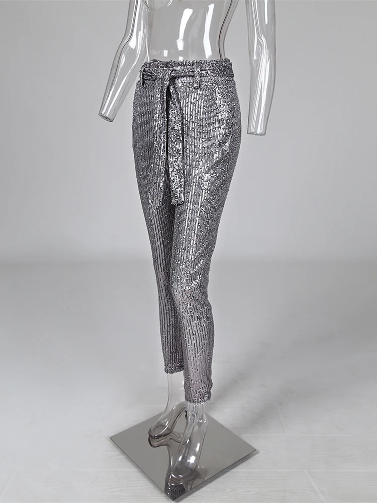 Блестящие блестящие длинные брюки с запахом на талии женские широкие карандаш