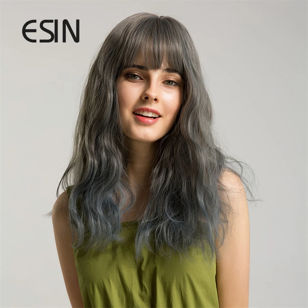 Парик ESIN средней длины с голубыми волнистыми волосами серого цвета челкой для