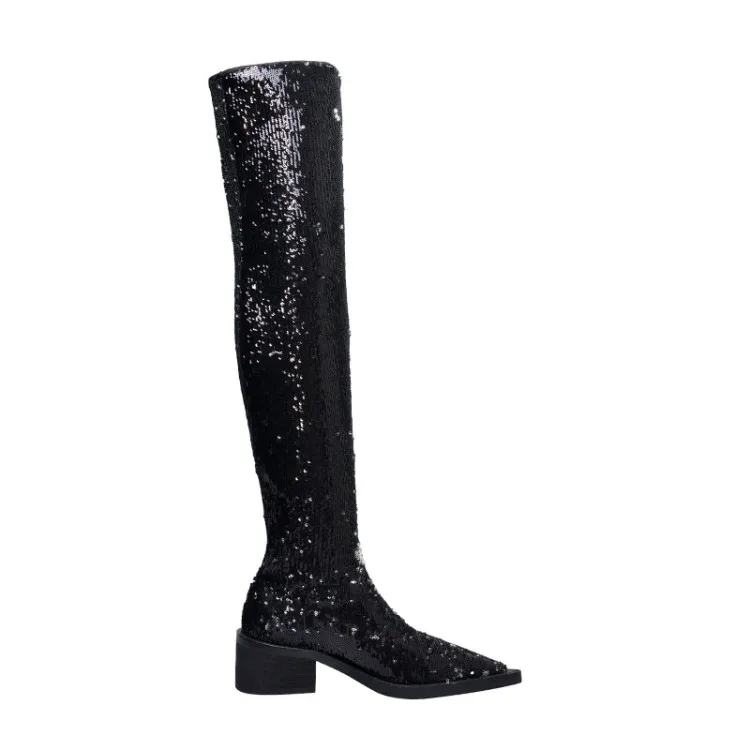 Bota feminina; сезон осень-зима; женские черные сапоги до бедра из блестящей кожи высотой 60 см; Сапоги выше колена; обувь в байкерском стиле