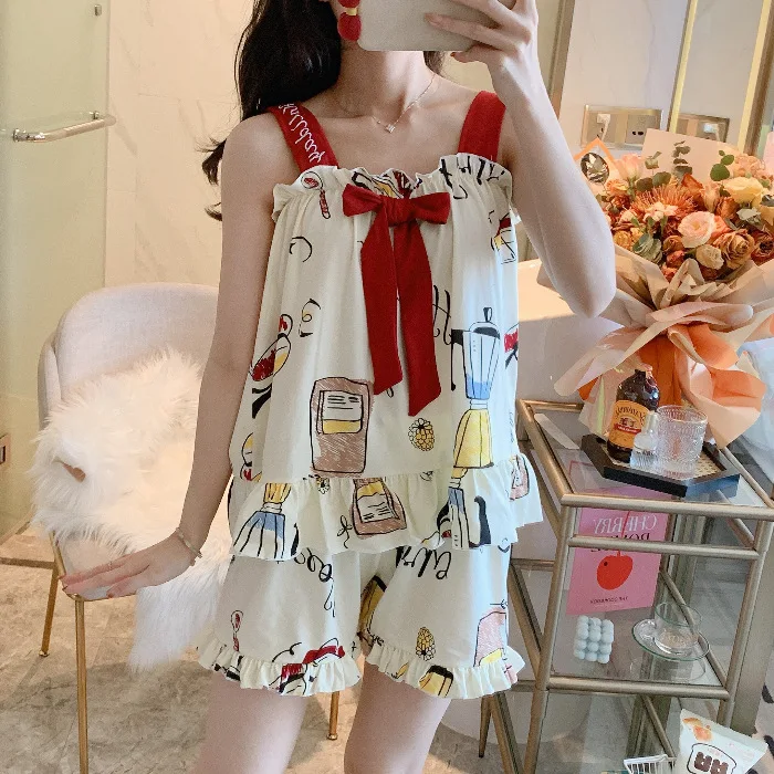 

Women Cotton Homewear Beige Print Cute 2PCS Pajamas Suit Summer New Nightwear With Bow Novelty Sleepwear Intimate Lingerie