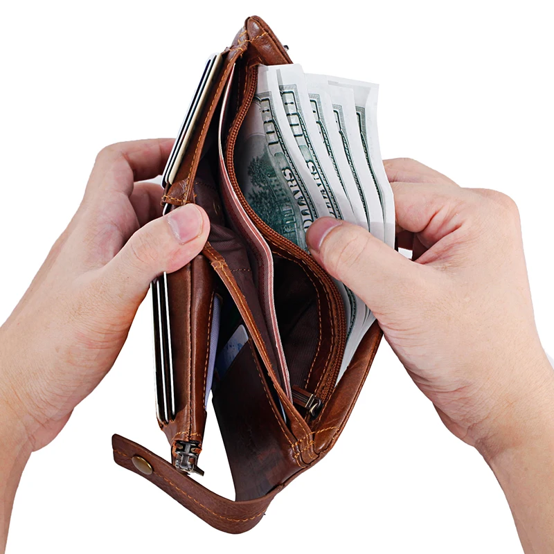 Кошелек мужской из натуральной кожи тонкий бумажник кофейного цвета на молнии