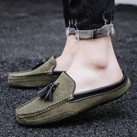 mens summer fashion casual mules male breathable cow suede loafer mocassin slippers flat soft genuine leather hollow sandals