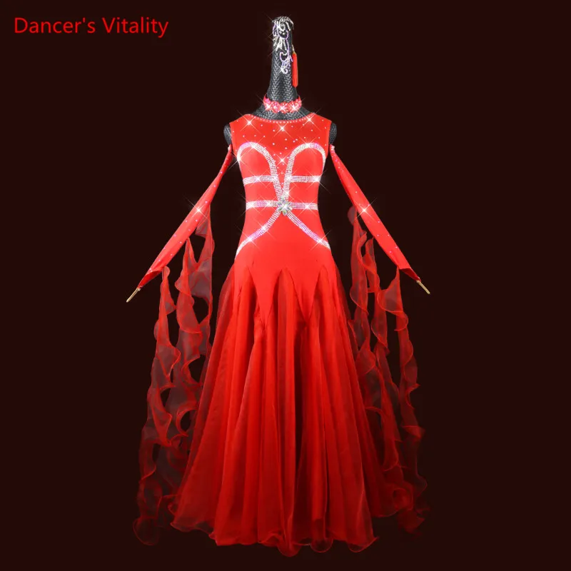 

Modern Dance Dress Diamond-Studded Long Skirt Mesh Performance Clothes Profession Custom Female Adult Child Competition Clothing