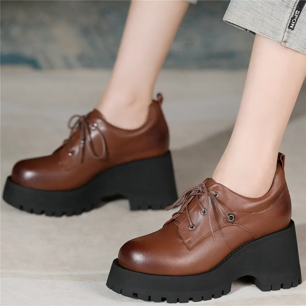 Platform Pumps Shoes Women Lace Up Genuine Leather Chunky High Heels Ankle Boots Female Round Toe Punk Creepers Casual Shoes