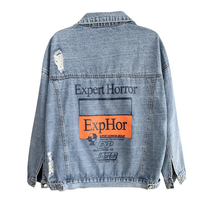 

Spring Autumn Jean Jacket Women Denim Coat Print Ladies Denim Jacket Hip hop Tops Hole Jeans Coat Women Streetwear Outerwear