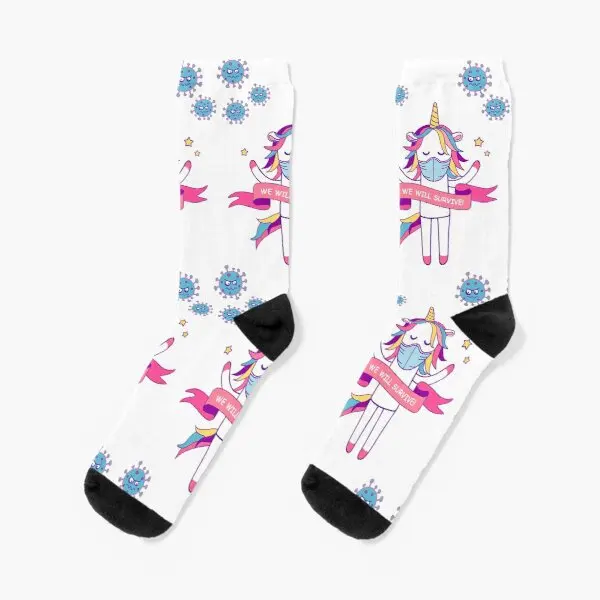 

We Will Survive Unicorn Says Crew Socks Cotton Comfortable Short Ladies Black Cute Unisex Mens Breathable Cartoon Sports Autumn