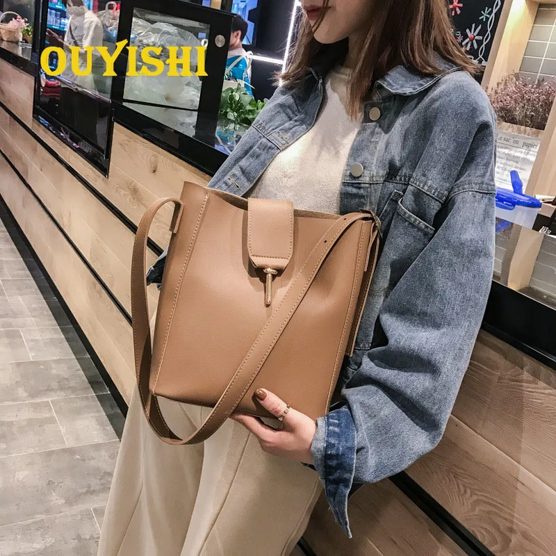 

New Design Solid Pure Color Shoulder Bags Open Bag PU Leather Metal Hasp Two In One Handbag For Women