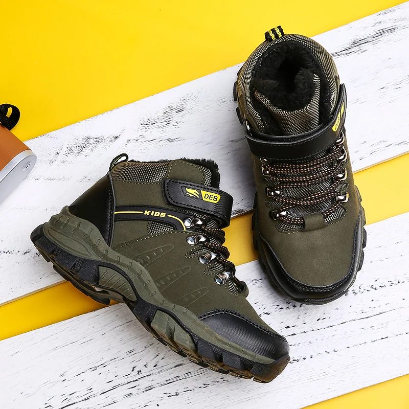 Kids Winter Shoes for Boys Brand Warm Boots Army Green Sport Training Shoes Anti-Slip Basket Boys Hiking Shoes High Top Sneakers