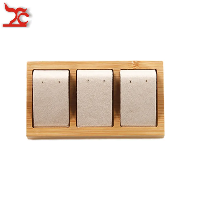Beige 3 Slot Высокое качество Экологичные бамбуковые бархатные ювелирные изделия Дисплей стенд серьги уха Стад ювелирных изделий Организатор хранения стойки держатель лоток - Color: Beige 3 Slot