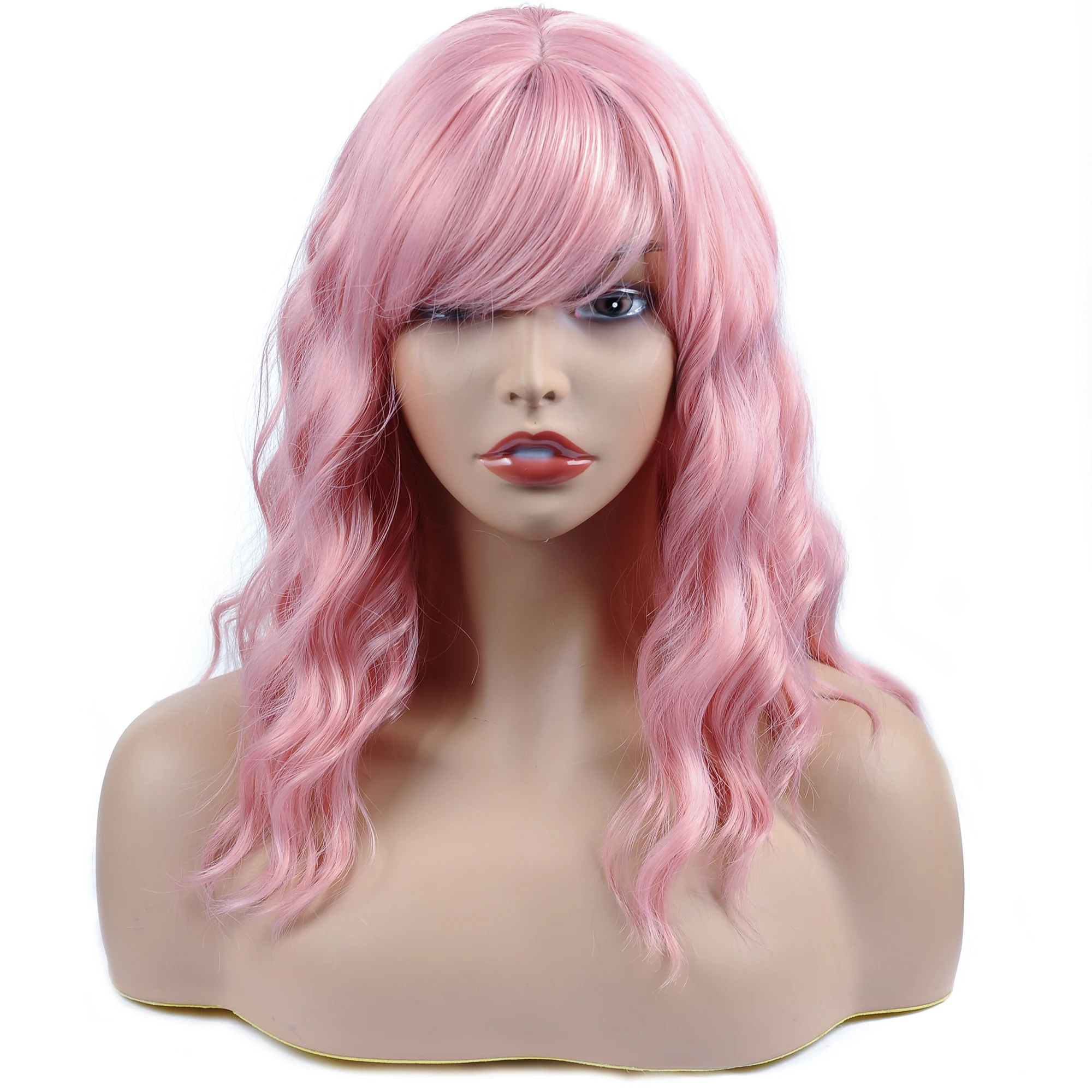 

14inch Pink Short Bob Wavy Wigs for Black Women Natural Wave Lolita Wig with Bangs Synthetic Female False Hair Daily Cosplay Wig