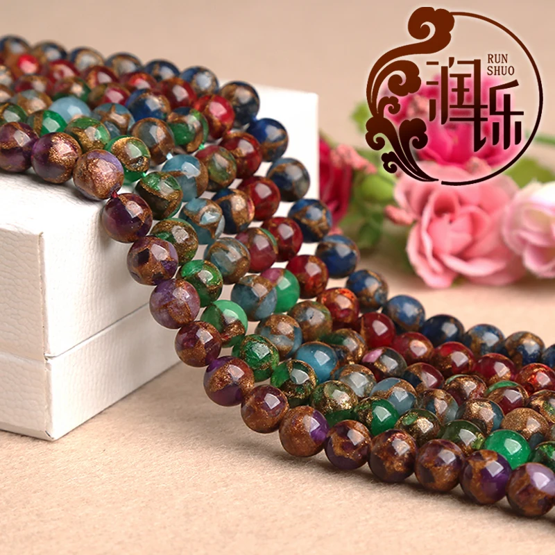 

4/6/8/10/12mm Natural Stone Green Gold Lace Cloisonne Round Loose Beads For Jewelry Making DIY Bracelet Accessories 15'' Inch