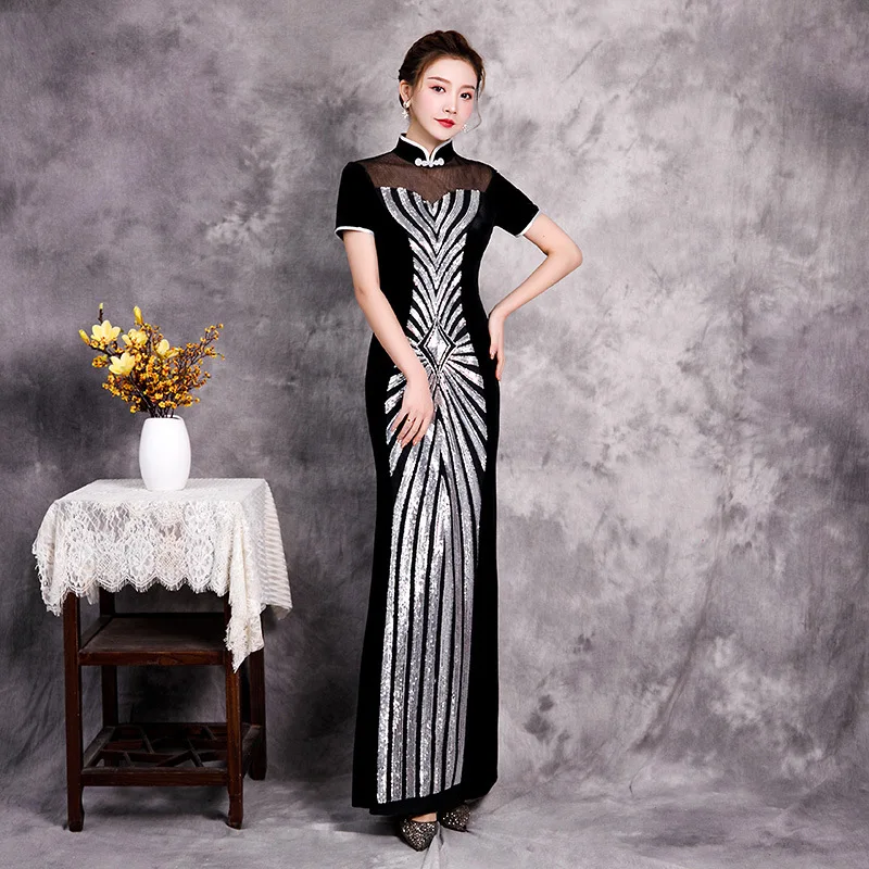 

Bling Sequins Lady Velour Qipao Slim Retro Mandarin Collar Banquet Prom Gown Elegant Sheath Wedding Party Guest Chinese Dresses