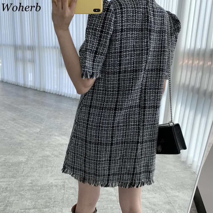 

Korean Woman Dress O-neck Short Sleeve Vintage Vestidos Plaid Tassels Robe OL Temperament Dresses Women with Belt 94689