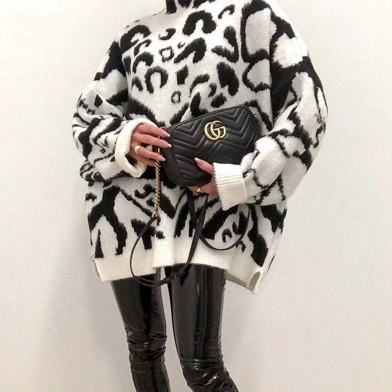 

Women Zebra Knitted Sweater Autumn Winter Turtleneck Long Sleeve Pullover Fashion Oversized Loose Warm Female Jumper