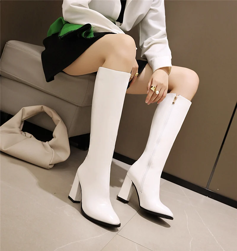 2021 Fashion Women Block 9cm High Heels Thigh High Boots Winter Knee High Boot Patent Leather Long Boot Designer Plus Size Shoes images - 6