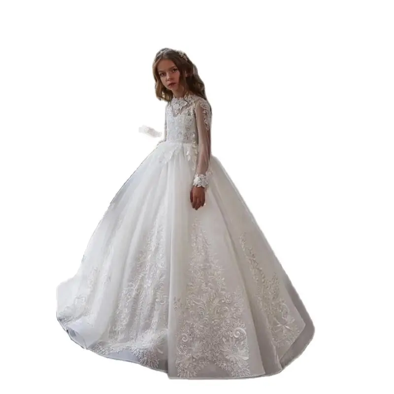 

Бальное платье с длинным рукавом, Цветочное платье для девочки, пышное Тюлевое платье с аппликацией и блестками, детское платье для первого ...