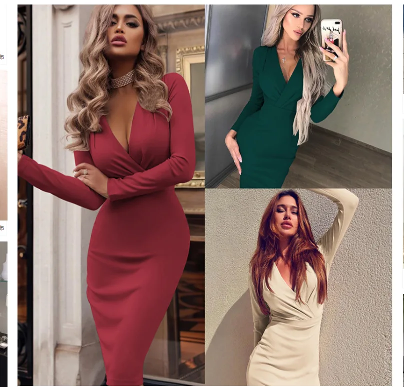 

Новинка 2020, модная женская одежда, популярное однотонное платье с глубоким V-образным вырезом, оборками на бедрах, длинным рукавом, большие р...