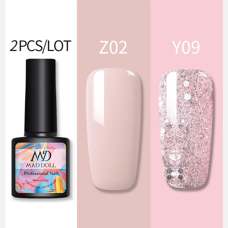 Z02Y09 2 бутылки 8 мл MAD DOLL УФ-гель для ногтей чистый цвет и Блестящие Блестки долговечный впитывающий Гель-лак для нейл-арта - Цвет: Z02Y09