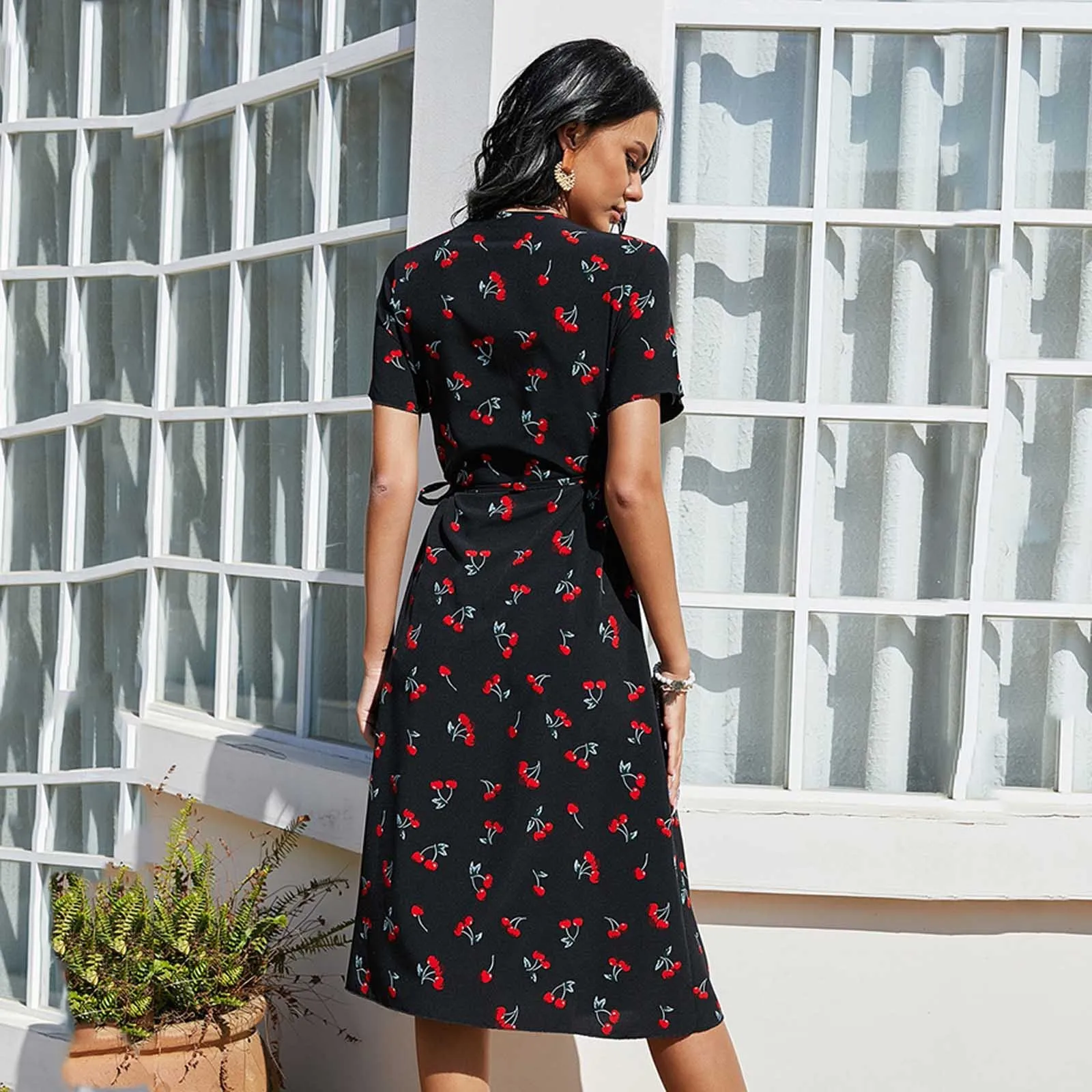 

ropa mujer Casual Dresses Women's Fashion Slim-fit Lace-up Dress V-neck Printed A-line Dress vetement femme 2021 vestidos#G