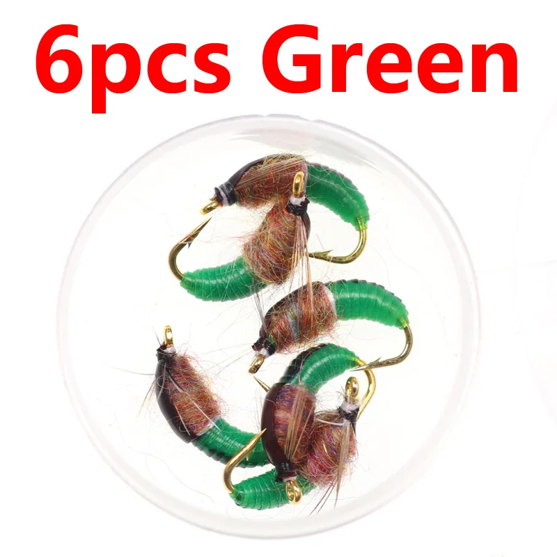 6pcs green Bimoo 6 шт.#12 Реалистичная Nymph Scud Fly для ловли форели Nymphing искусственная приманка-насекомое приманка Caddis Nymph Fishing Fly - Цвет: 6pcs green