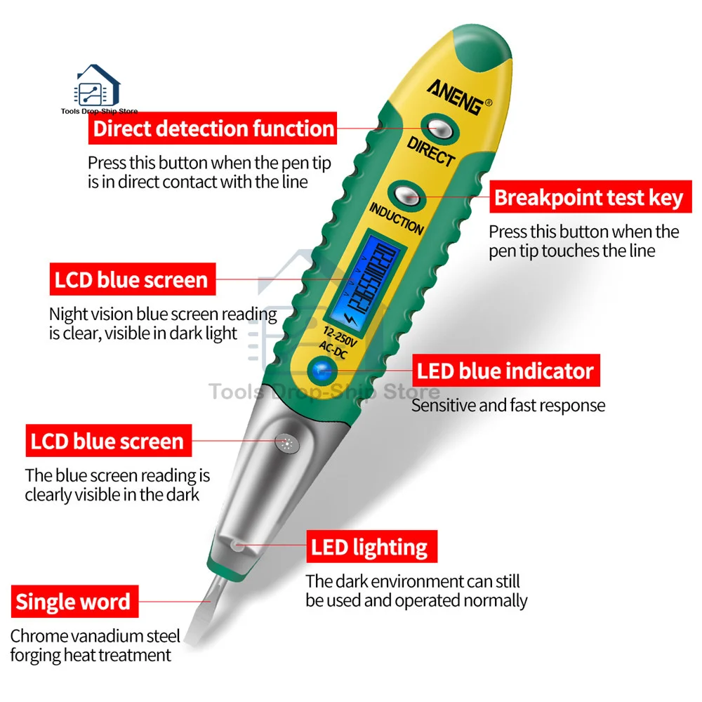 Цифровой карандаш-тестер 12-250 В переменного/постоянного тока электрический