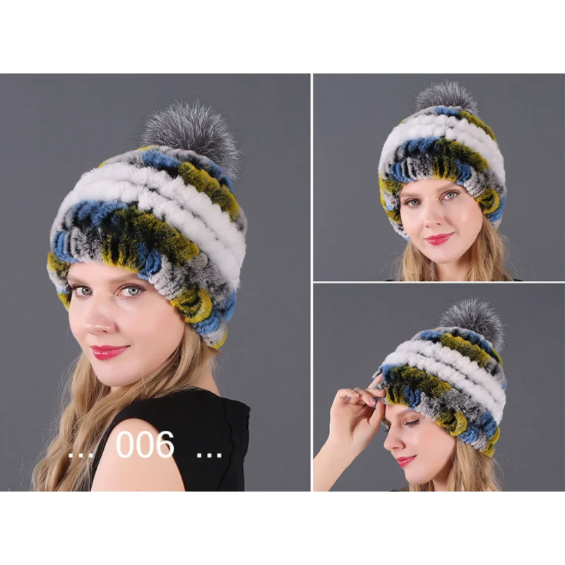 

Women's bomber Leather Hat Women's wrasse rabbit hair hat and fox fur Bini 2020 new fashion knitted hat Thermal Ear Protection