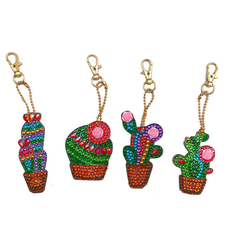 4pcs Cactus 5 шт./компл. DIY полный дрель алмазов картина брелок мультфильм эмоции милые Животные «любящее сердце» брелок для ключей, алмазная вышивка крестиком на рисунке - Цвет: 4pcs Cactus
