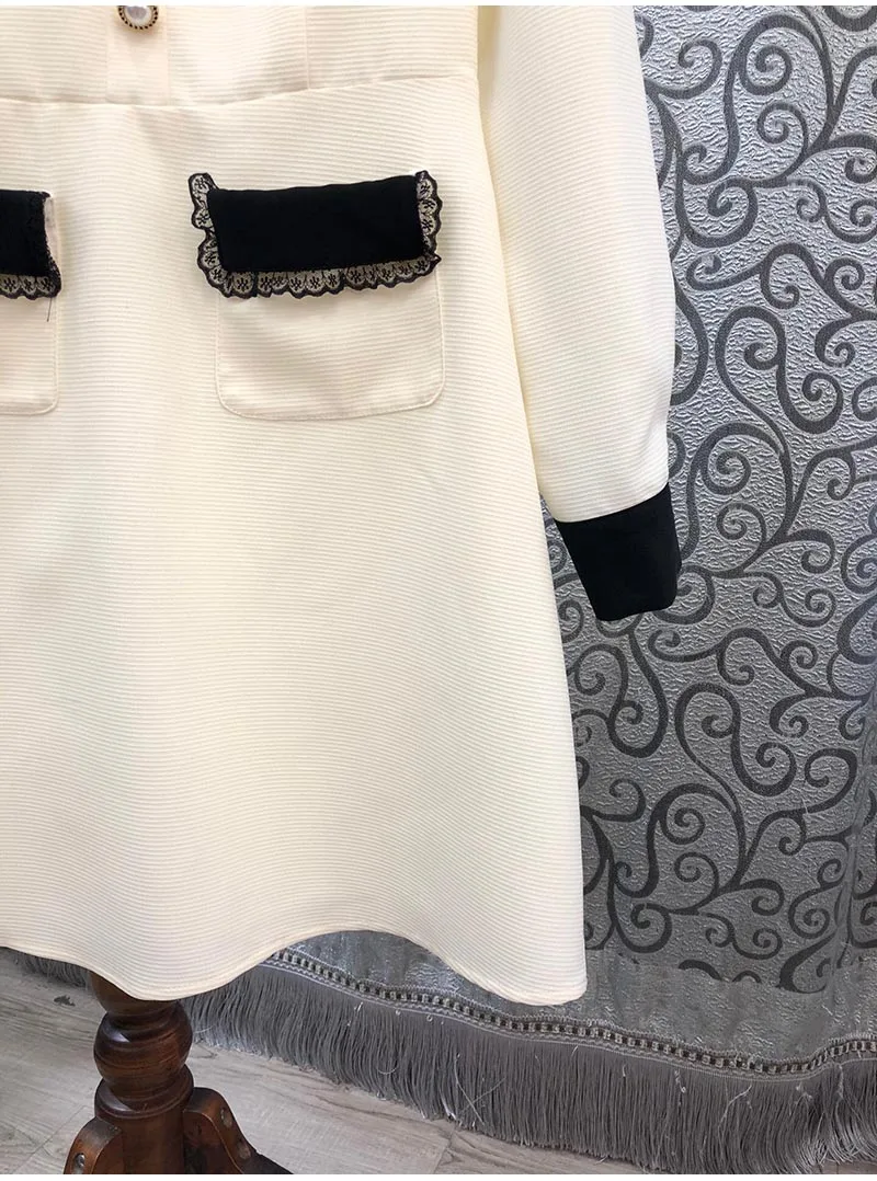 

New Arrival Dress 2020 Autumn Winter Women Black Turn-down Collar Black Pocket Patchwork Long Sleeve Vintage Party Tunic Dress