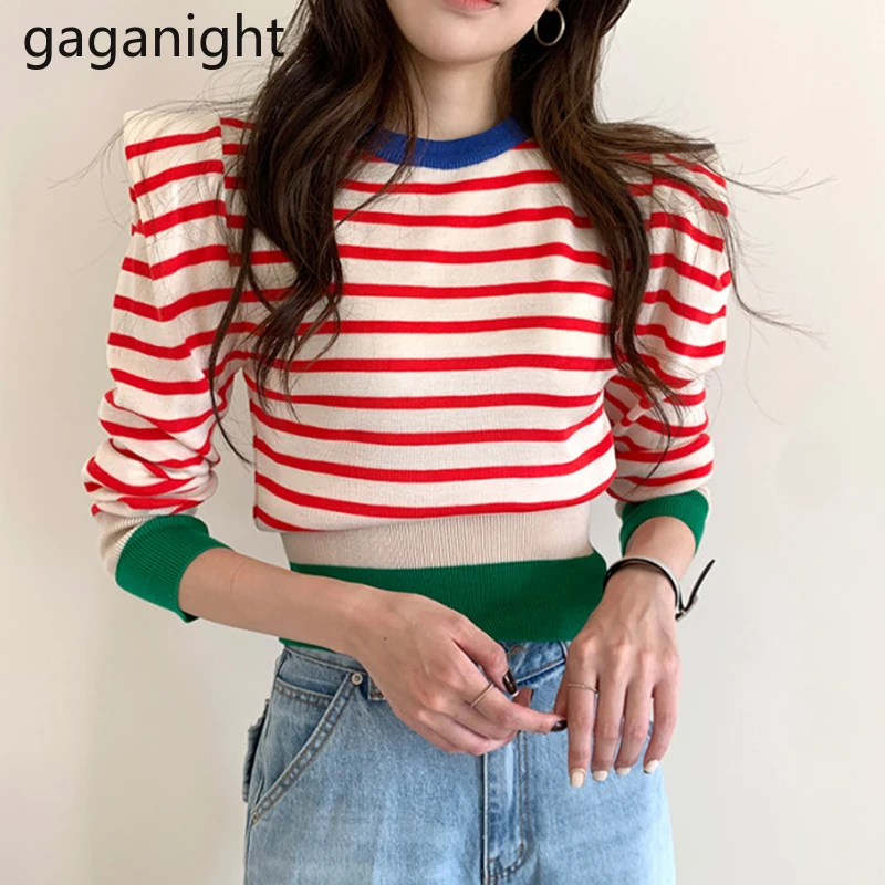 

Gaganight Striped Women Fashion Sweater Long Sleeve Crop Pullover Casual Slim Pull Femme Chic Korean Srping Autumn Sweaters Girl