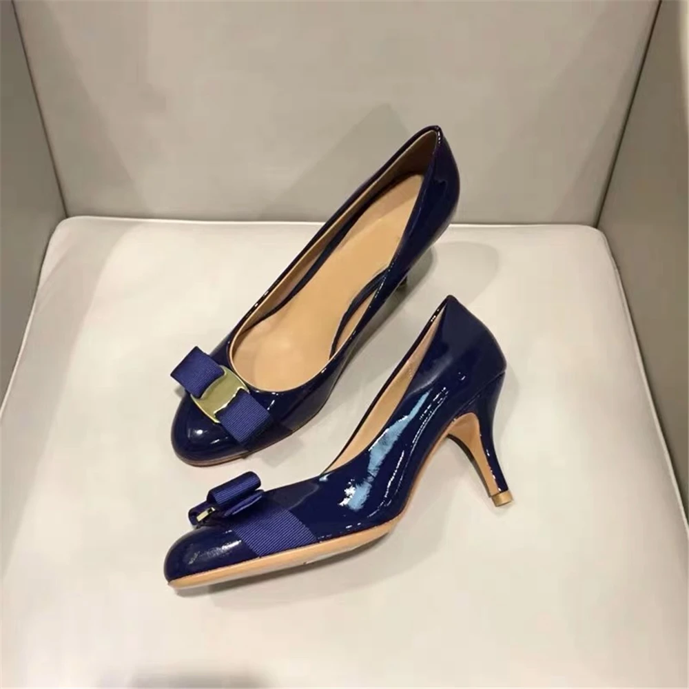 Navy blue 7CM Junetxin/Женская обувь наивысшего качества обувь ручной работы из натуральной кожи на каблуке г., Классическая Брендовая обувь с круглым носком - Цвет: Navy blue 7CM