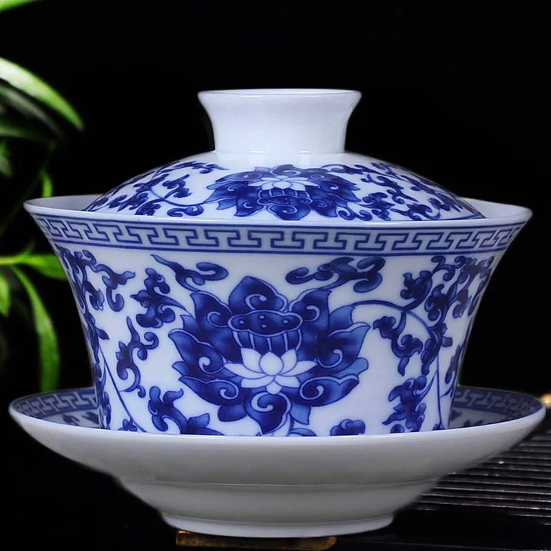 

Porcelain Teacups 10oz Gaiwan Flower Coffee Espresso Tureen Tradition Chinese Large Sancai Cover Bowl Lip Cup Saucer Tea Set 300