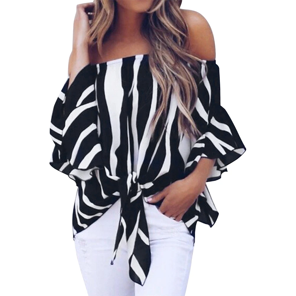

Summer Sexy Women Striped Shirt Elegant Slash Neck Off Shoulder Flare Sleeve Blouse OL Loose Bandage Top Vintage Camisa Feminina