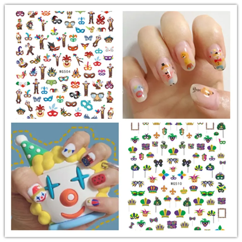 

1 Pc Cartoon Clown Mask Balloon Pattern Design Nail Decals Adhesive Nail Art Decoration Mardi Gras Nail Art Sticker