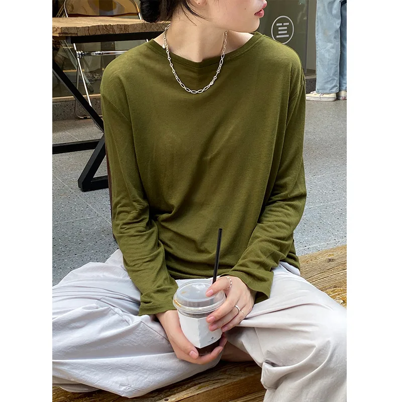

2021 spring new Korean version of long-sleeved T-shirt women's round neck pullover Tencel wool bottoming shirt